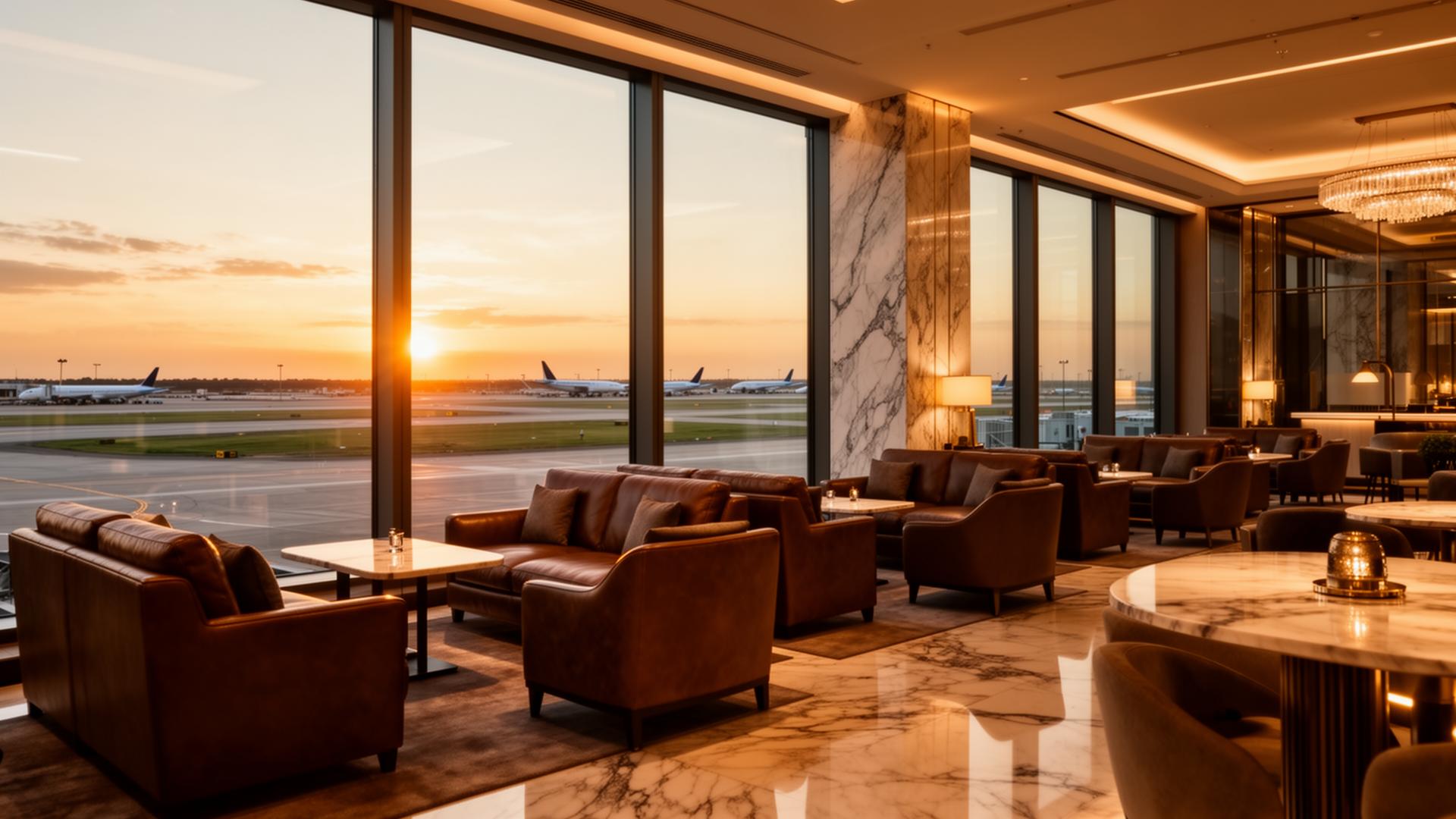 Luxurious airport lounge with runway view at golden hour